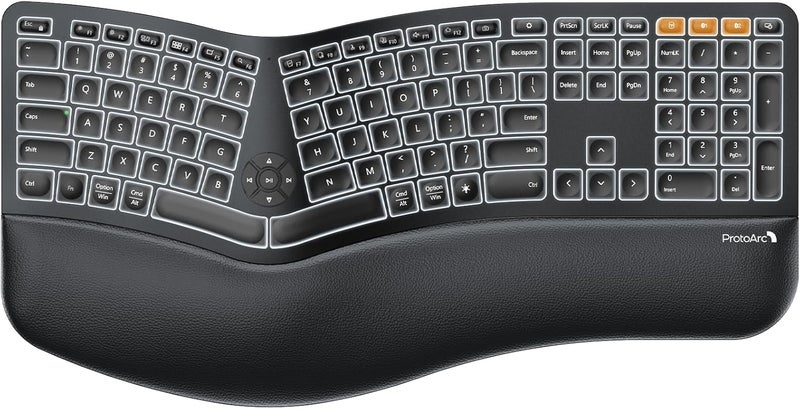 ProtoArc Backlit Bluetooth Ergonomic Keyboard, EK01 Plus Full Size Wireless Split Keyboard with Dual Bluetooth and USB, Cushioned Wrist Rest, Rechargeable, Compatible with Windows/Mac/Android, Black - Image 1
